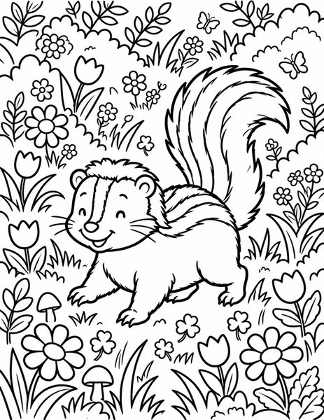 Striped Skunk coloring page: A skunk waddles through the meadow.