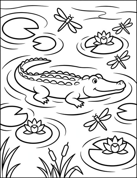 Snappy Crocodile coloring page: A crocodile floats quietly in the river.