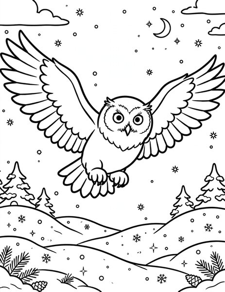 Snowy Owl Hunt coloring page: A snowy owl swoops over the snow.