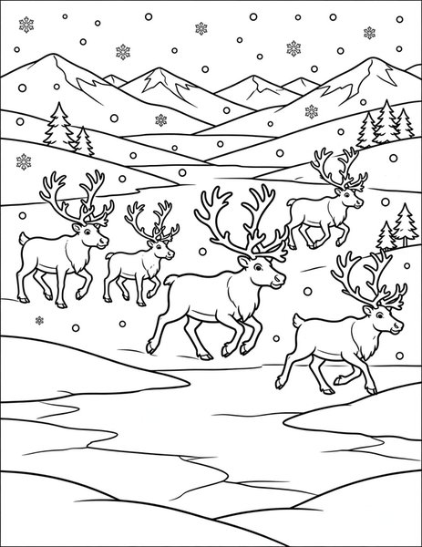 Reindeer Herd coloring page: Reindeer trot through falling snow.