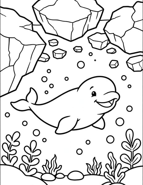 Beluga Smile coloring page: A beluga whale smiles in icy water.