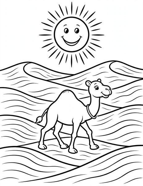 Camel Caravan coloring page: A camel walks through desert dunes.