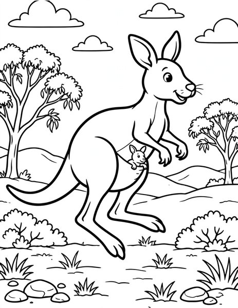 Kangaroo Hop coloring page: A kangaroo hops with its joey.