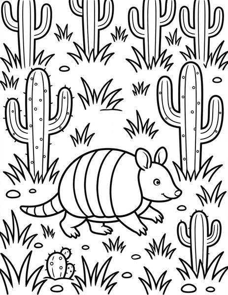 Armadillo Roll coloring page: An armadillo ambles through dry grass.