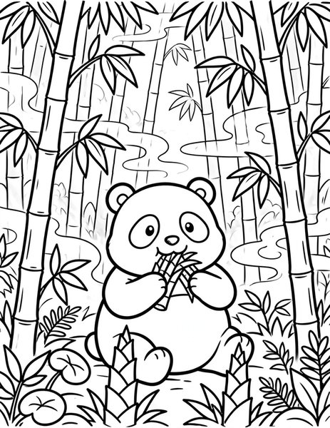 Munching Panda coloring page: A panda munches bamboo in the forest.