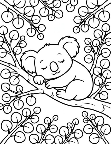 Koala Nap coloring page: A koala dozes in a eucalyptus tree.