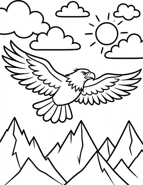 Soaring Eagle coloring page: An eagle soars over mountain peaks.