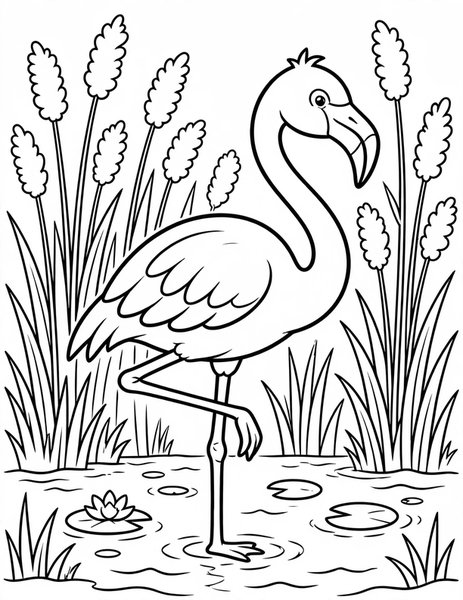 Pink Flamingo coloring page: A flamingo stands in shallow water.