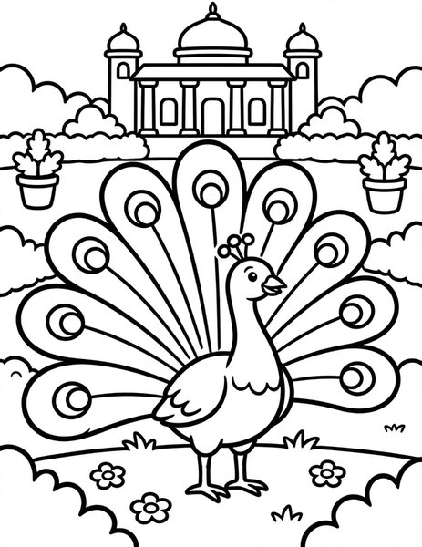Proud Peacock coloring page: A peacock fans its rainbow tail.