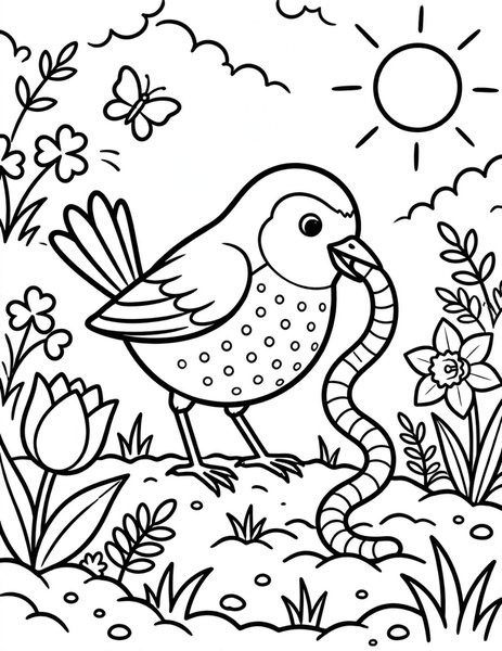 Robin Spring coloring page: A robin pulls a worm from the soil.