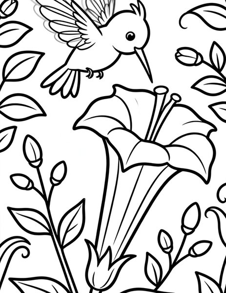 Hummingbird Hover coloring page: A hummingbird sips from a flower.