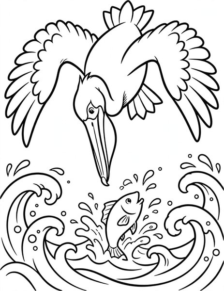 Pelican Dive coloring page: A pelican dives for a fish.