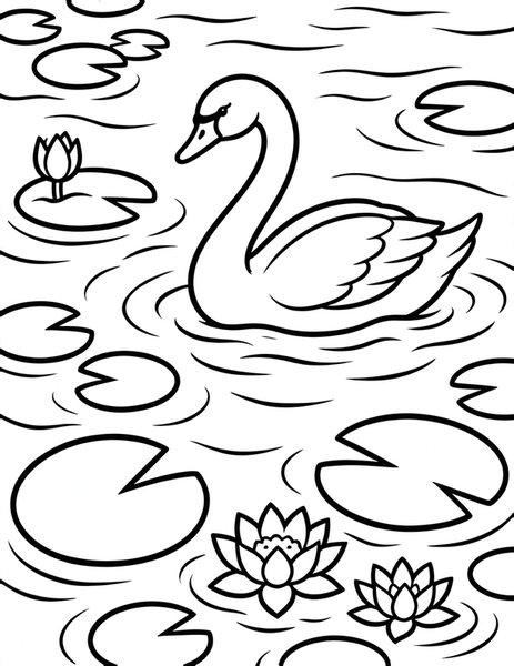 Swan Lake coloring page: A swan glides across a calm lake.