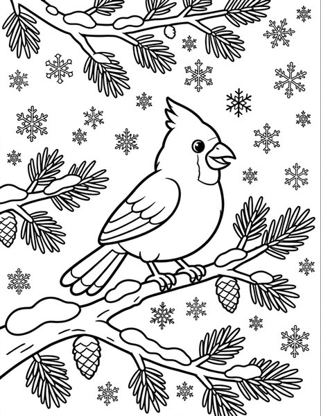 Cardinal Snow coloring page: A red cardinal perches in snow.