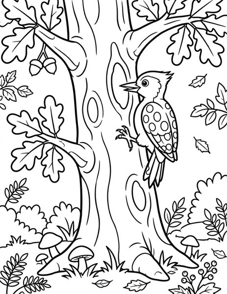Woodpecker Tap coloring page: A woodpecker taps on an old oak.