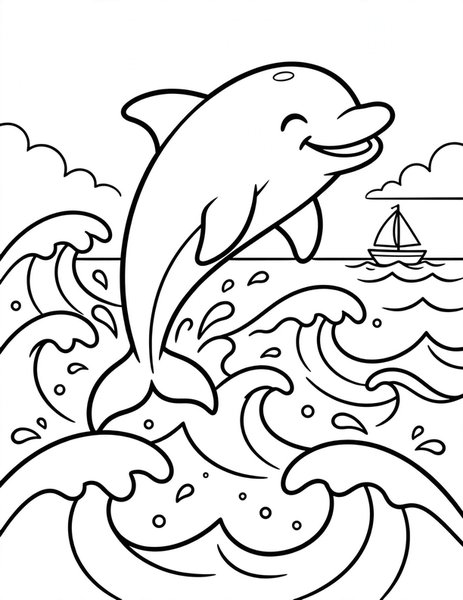 Dolphin Jump coloring page: A dolphin leaps over sparkling waves.