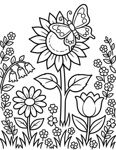 Butterfly Garden coloring page: A butterfly lands on a sunflower.