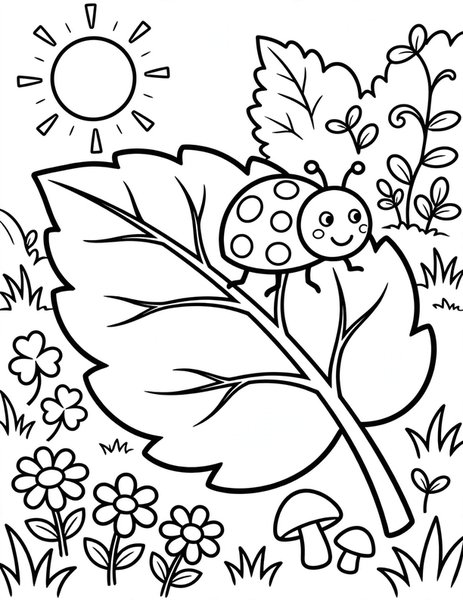 Ladybug Leaf coloring page: A ladybug crawls on a big leaf.