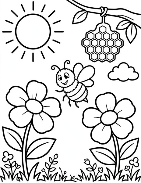 Busy Bee coloring page: A bee buzzes between bright flowers.