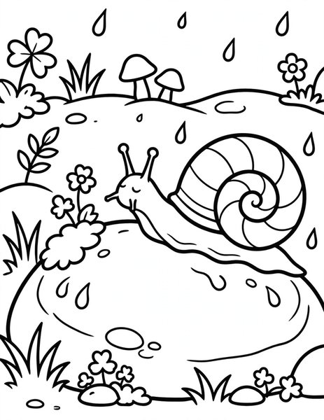 Snail Trail coloring page: A snail creeps along a garden stone.
