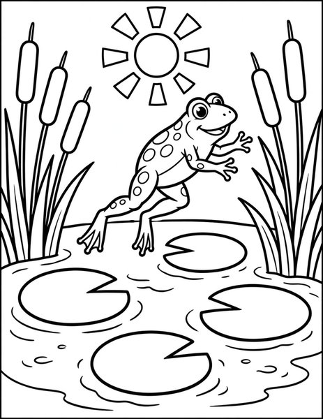 Frog Leap coloring page: A frog leaps between lily pads.