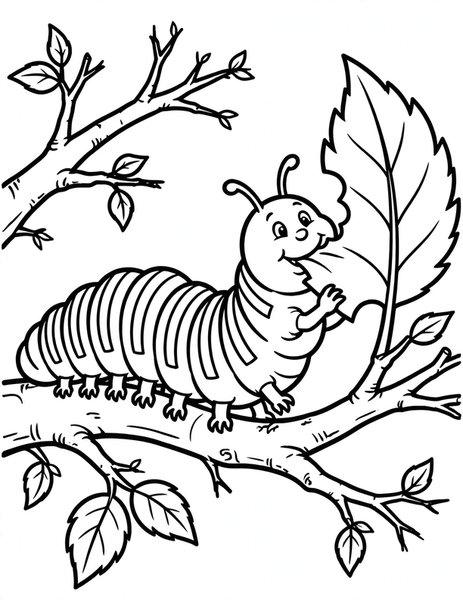 Caterpillar Munch coloring page: A caterpillar munches a juicy leaf.