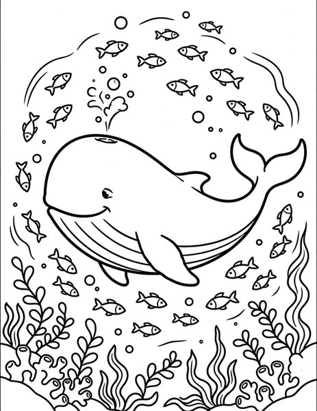 Whale Song coloring page: A huge whale swims through the deep sea.