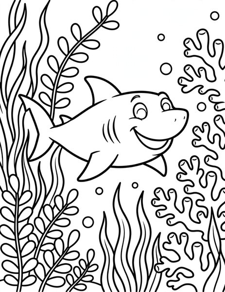 Friendly Shark coloring page: A smiling shark glides past coral.