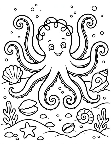 Octopus Garden coloring page: An octopus waves its eight arms.