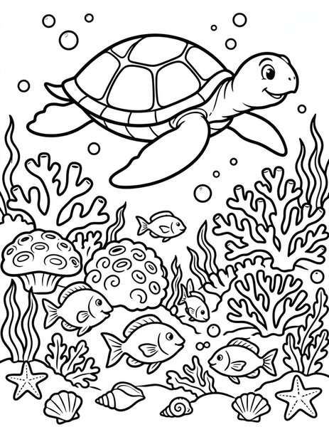 Sea Turtle Swim coloring page: A sea turtle paddles through clear water.