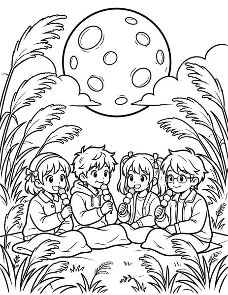 Moon Viewing Party coloring page: Friends eat dango under the harvest moon.