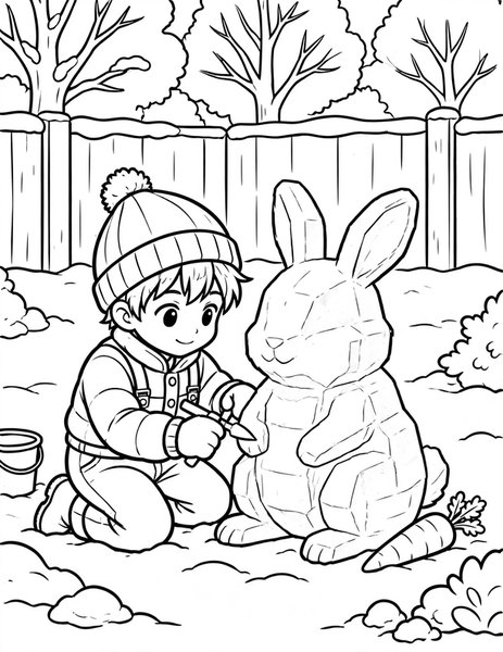 Snow Rabbit Sculpt coloring page: A boy sculpts a rabbit from snow.