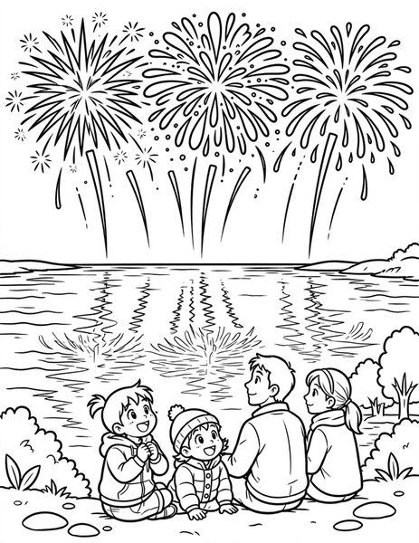 Fireworks Finale coloring page: A family watches the grand fireworks.