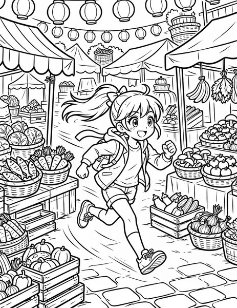Morning Market Dash coloring page: A girl races through the morning market.