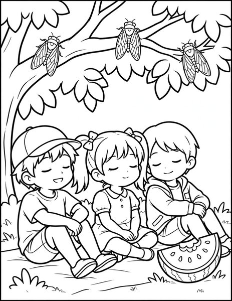 Cicada Summer Song coloring page: Kids listen to cicadas in the shade.