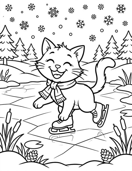 Ice Skater Cat coloring page: A cat glides on an icy pond.