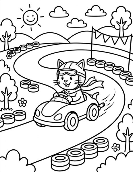 Race Car Cat coloring page: A cat zooms in a race car.
