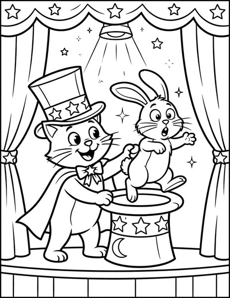 Magician Cat coloring page: A cat pulls a rabbit from a hat.