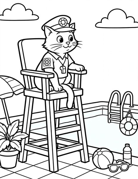Lifeguard Cat coloring page: A cat watches the pool.