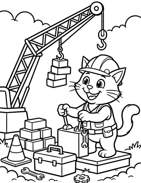 Construction Cat coloring page: A cat operates a toy crane.