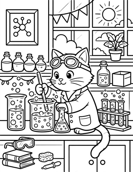 Scientist Cat coloring page: A cat mixes potions in a lab.