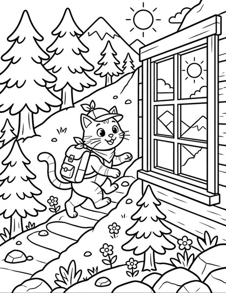 Hiker Cat coloring page: A cat climbs a mountain trail.