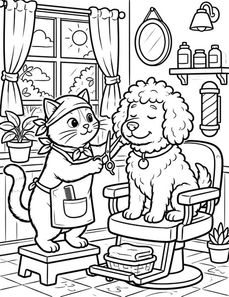 Barber Cat coloring page: A cat trims a dog's fur.