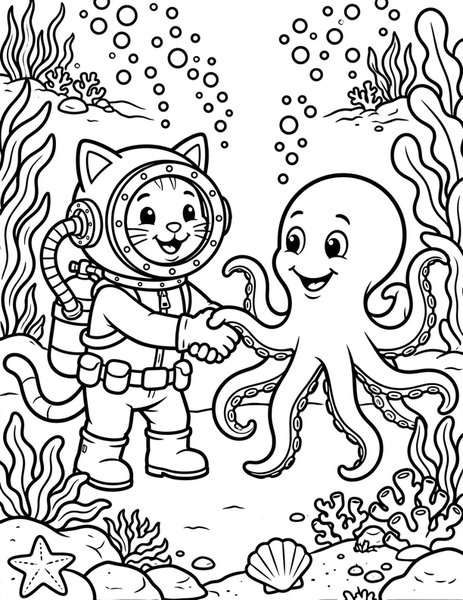 Deep Sea Cat coloring page: A cat meets a friendly octopus.