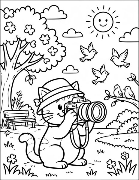 Photographer Cat coloring page: A cat snaps photos of birds.