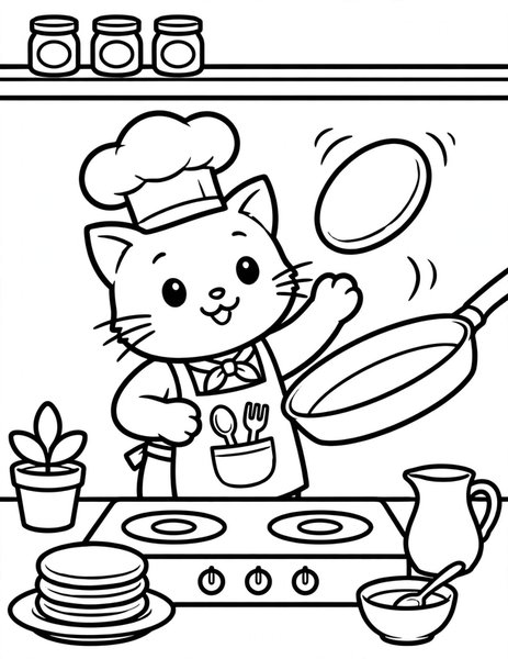 Chef Cat coloring page: A cat flips pancakes.