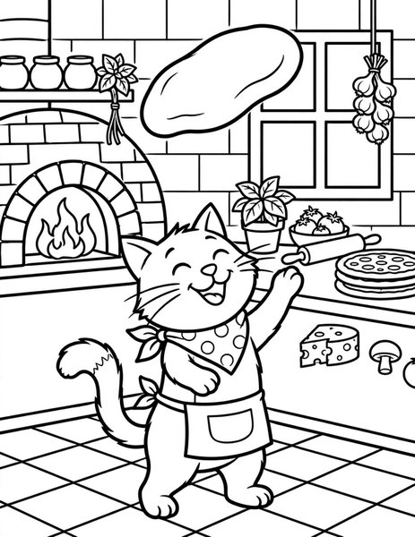 Pizza Cat coloring page: A cat tosses pizza dough.