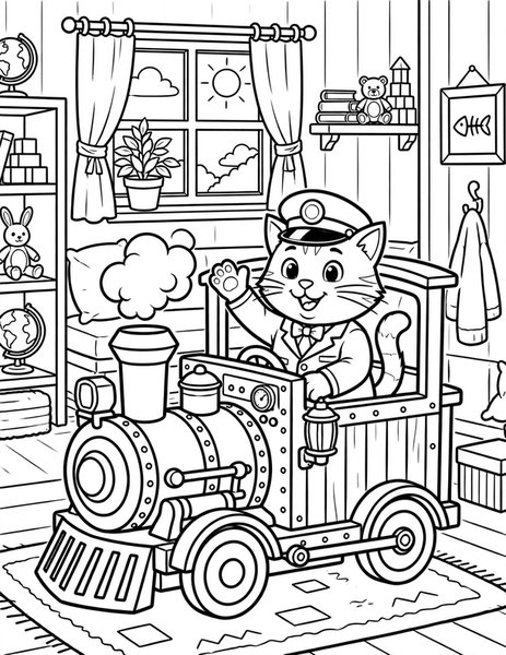Train Cat coloring page: A cat conducts a toy train.