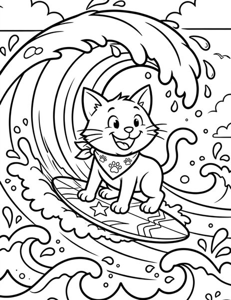 Surfer Cat coloring page: A cat rides a big wave.