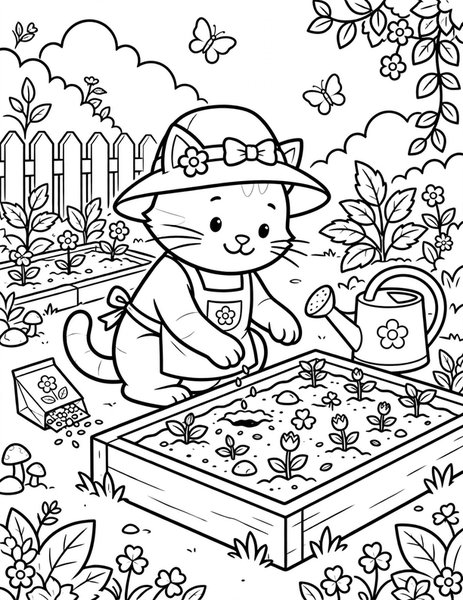 Gardener Cat coloring page: A cat plants flower seeds.